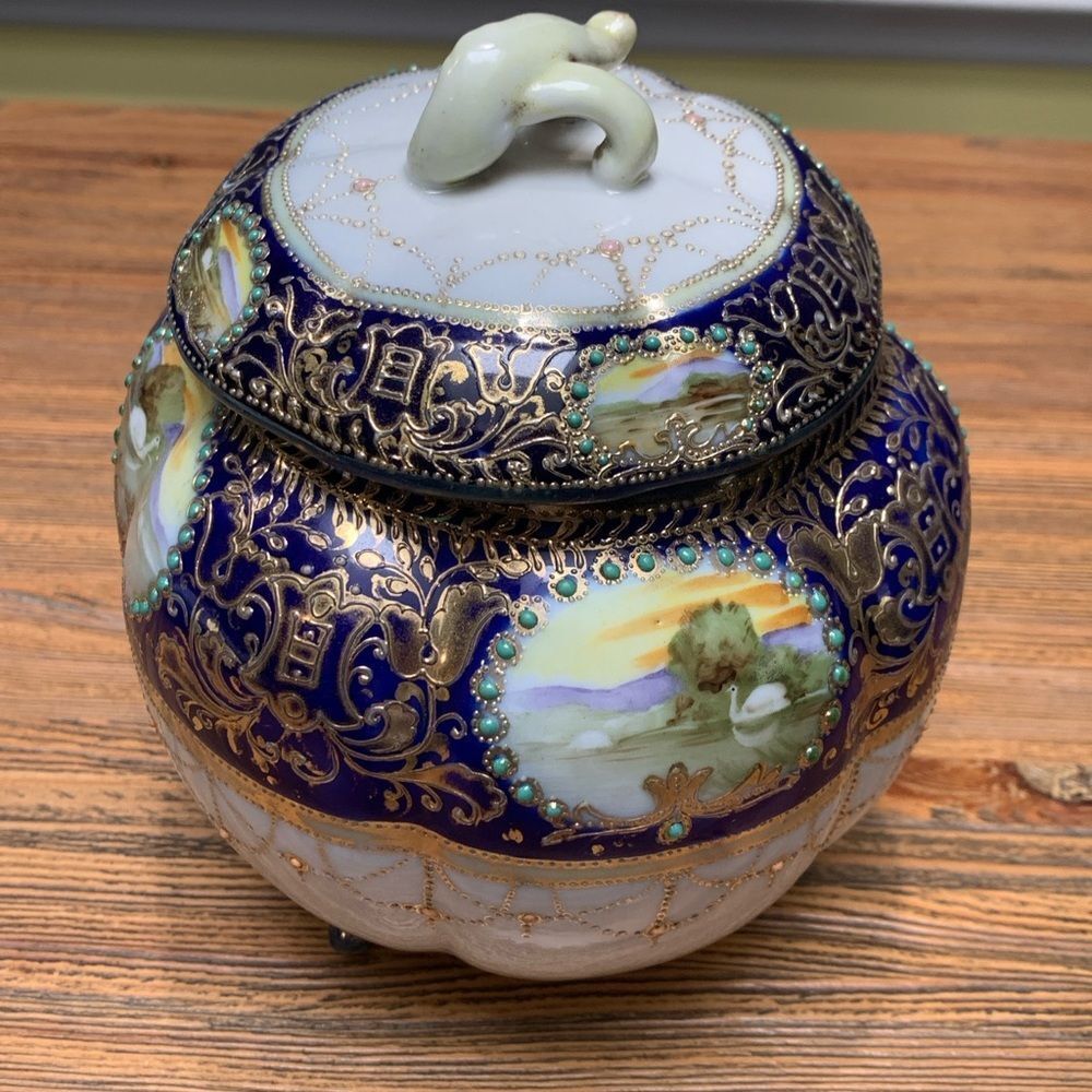 Nippon Vintage Ornate Blue and Gold Covered Jar With Landscape Scenes - Picture 3 of 16